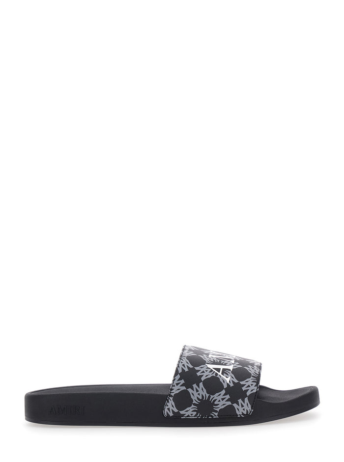 Black Sandals With Logo Lettering On The Front Rubber For Men Cotton Linen Polyurethane Flat Shoes