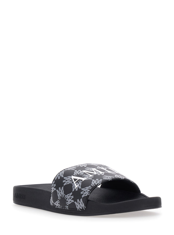Black Sandals With Logo Lettering On The Front Rubber For Men Cotton Linen Polyurethane Flat Shoes