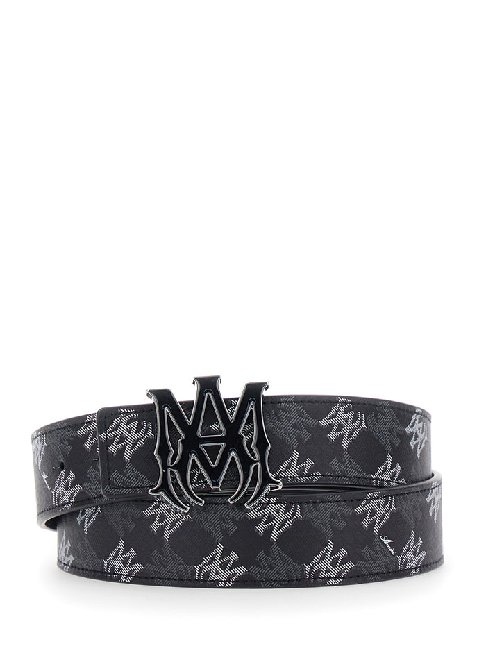 Belt With Logo Buckle Closure On The Front And All-Over Decoration Black Leather For Men Cotton Linen Polyurethane