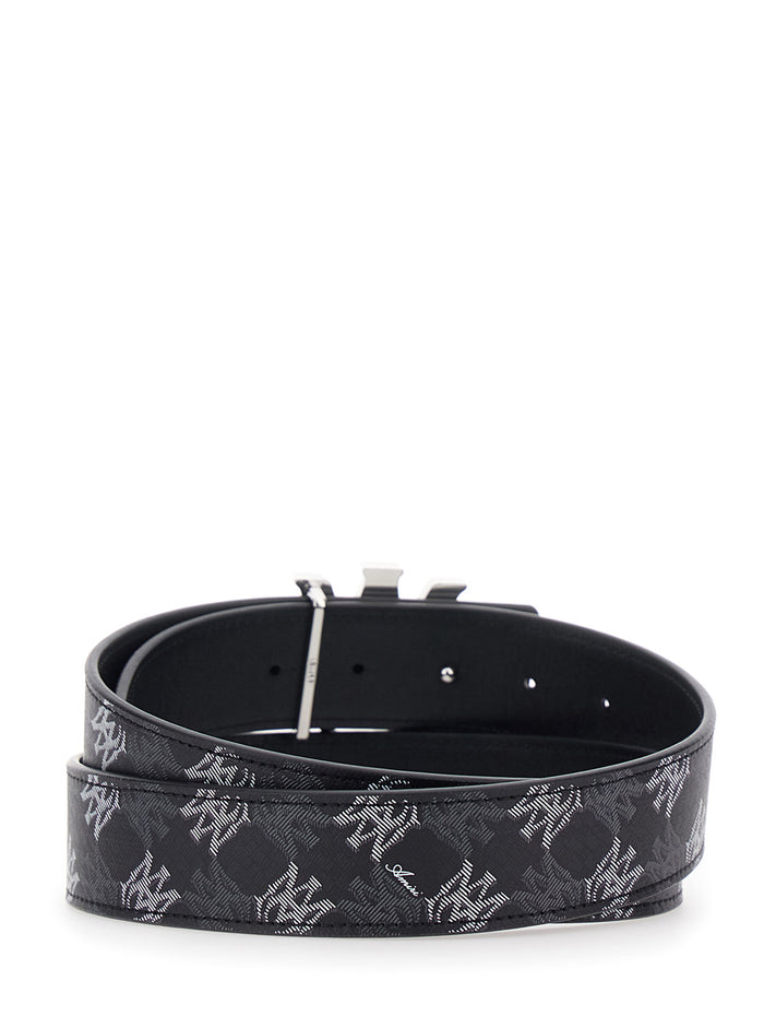 Belt With Logo Buckle Closure On The Front And All-Over Decoration Black Leather For Men Cotton Linen Polyurethane