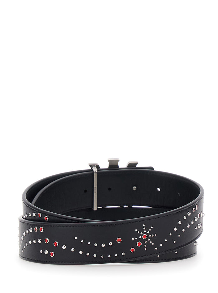 Belt with Logo Buckle Closure on the Front and All-Over Stud Decoration in Black Leather for Men Cow