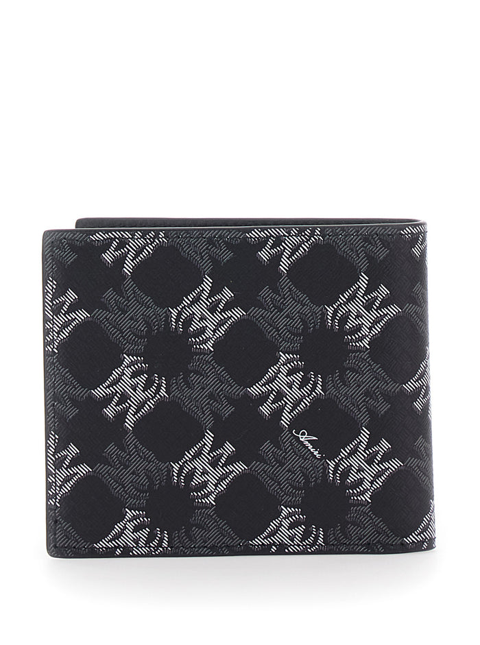 Black Ecoleather Logo All-Over Bi-Fold Wallet For Men Cotton Linen Polyurethane Leather Products