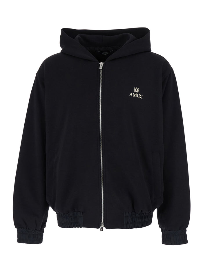 Black Zipped Hoodie With Lettering Logo On The Front Cotton For Men Polyester Sweatshirts