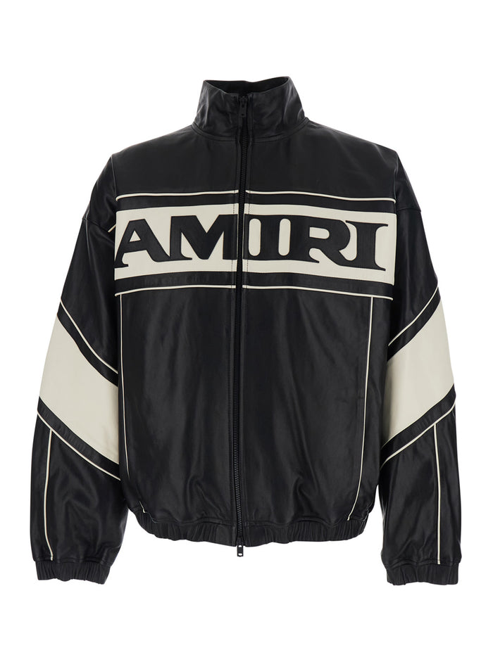 Black Jacket With High Collar And Maxi Logo Lettering On The Front Back Leather For Men Lamb