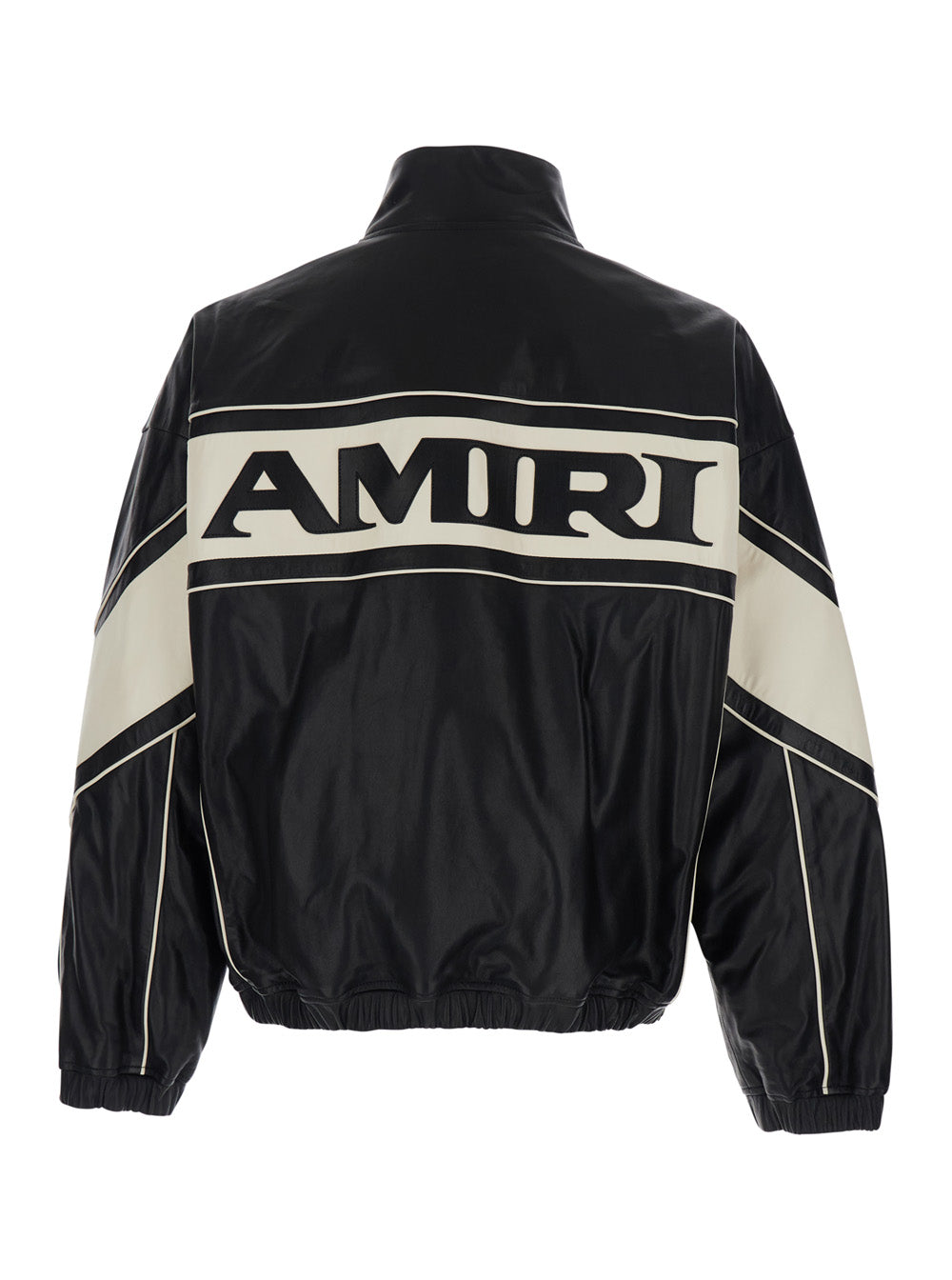 Black Jacket With High Collar And Maxi Logo Lettering On The Front Back Leather For Men Lamb