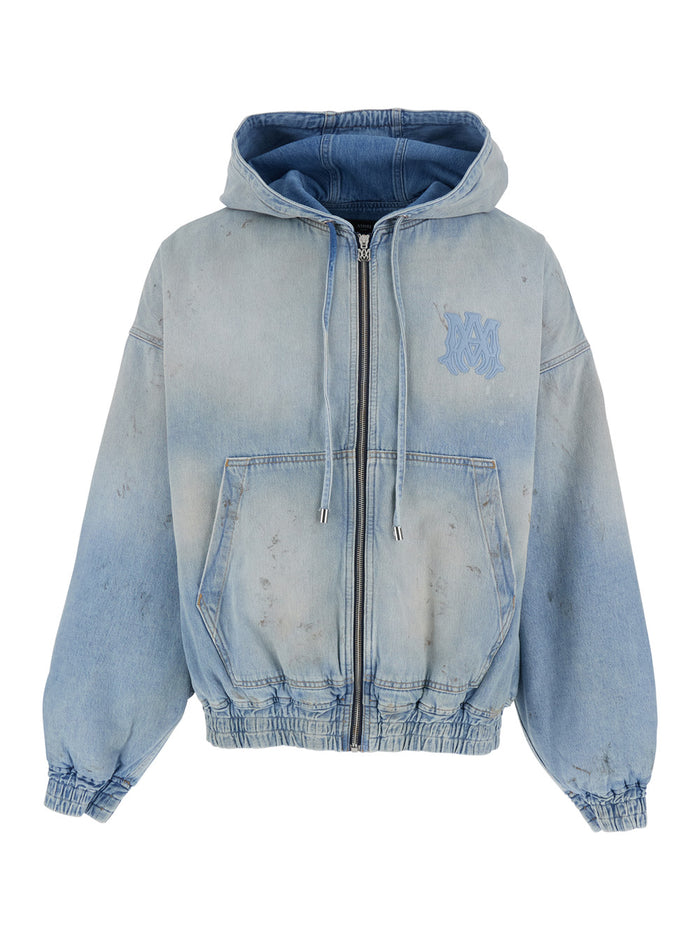 Light Blue Jacket with Fixed Hood and Logo Embroidery on Front Back in Denim for Men Cotton Outerwear