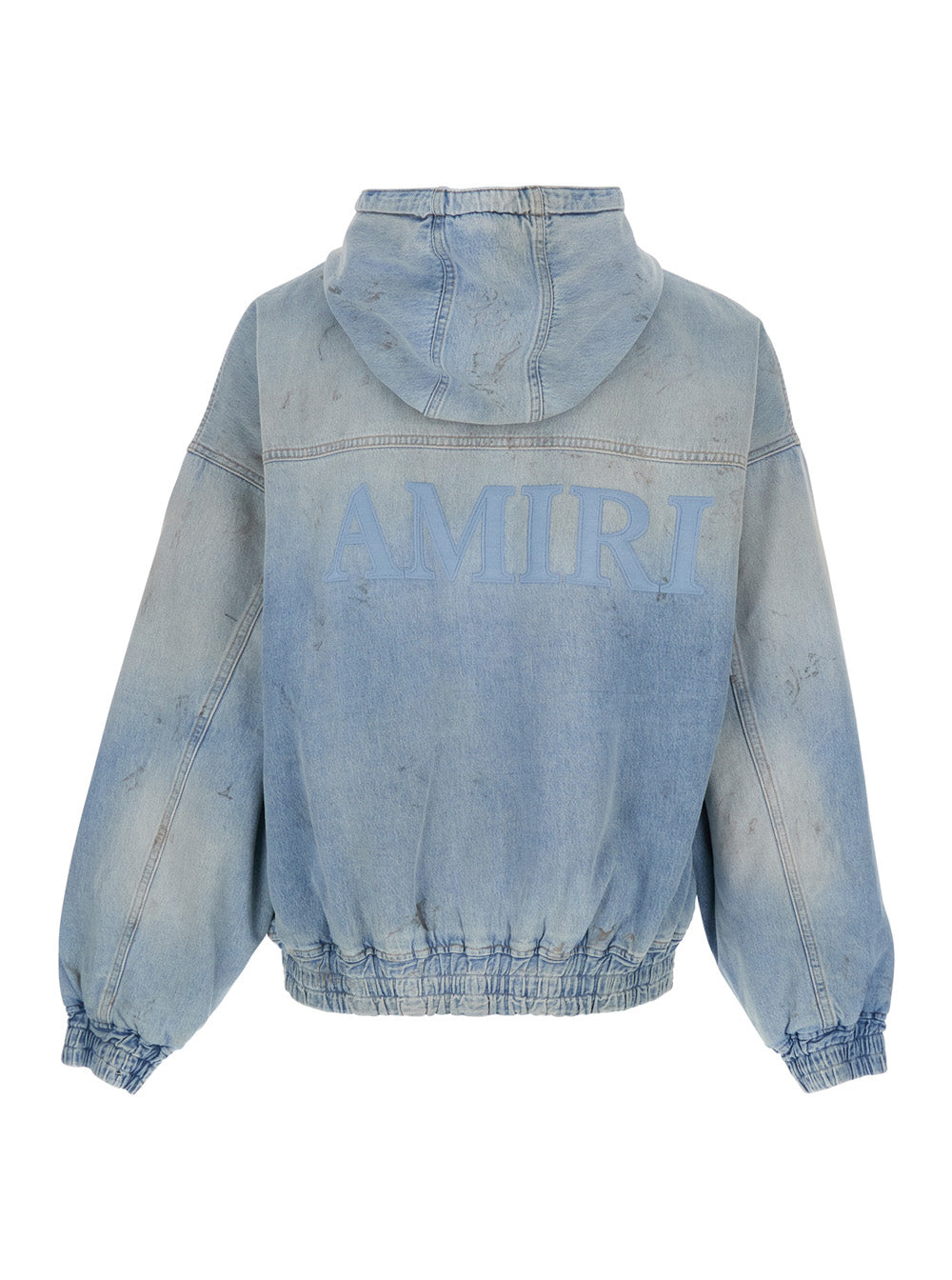 Light Blue Jacket with Fixed Hood and Logo Embroidery on Front Back in Denim for Men Cotton Outerwear