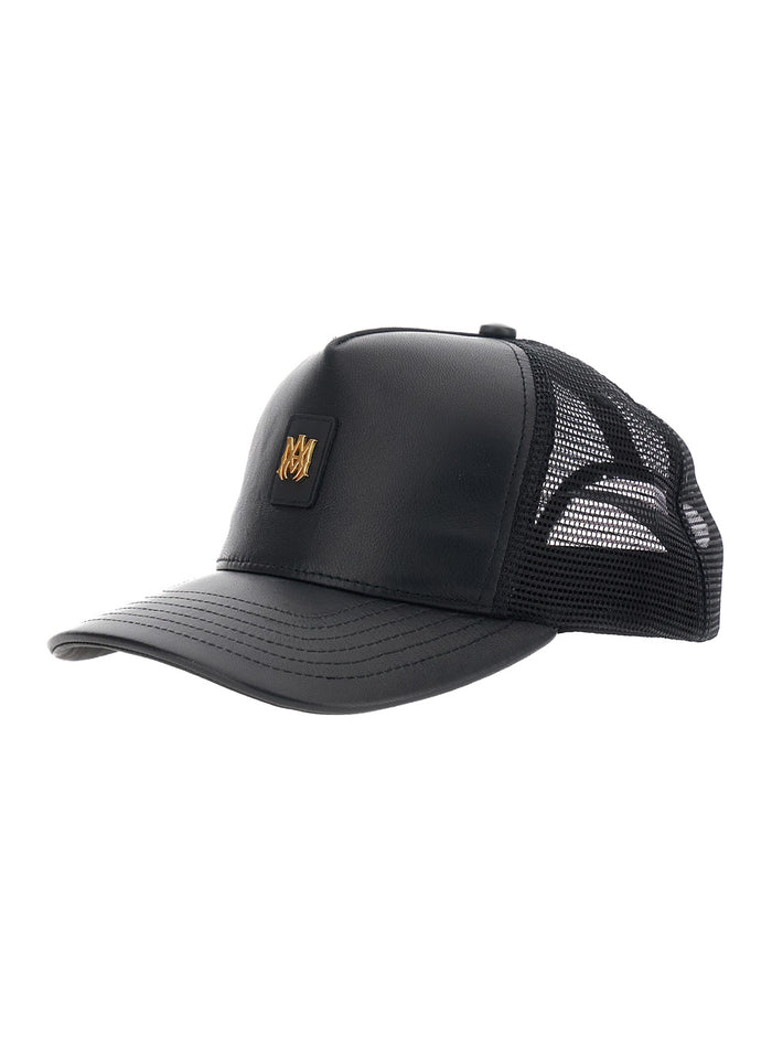 Black Baseball Cap With Mesh Inserts And Logo Patch Leather For Men Sheep Hats Gloves