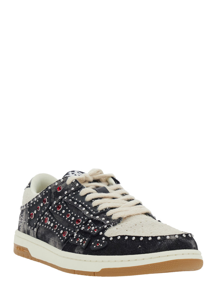 Skel Top Black Sneakers with Beads and Crystals Applied in Cotton for Men Polyester