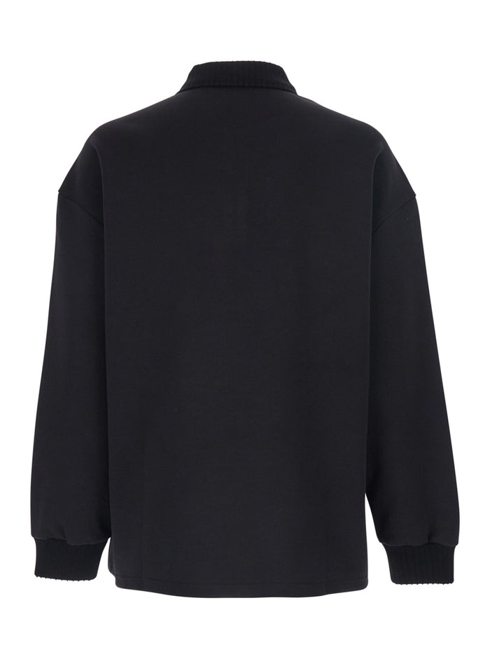 Black Polo Collar Sweatshirt with Logo Lettering on the Front in Cotton for Men Polyester Sweatshirts