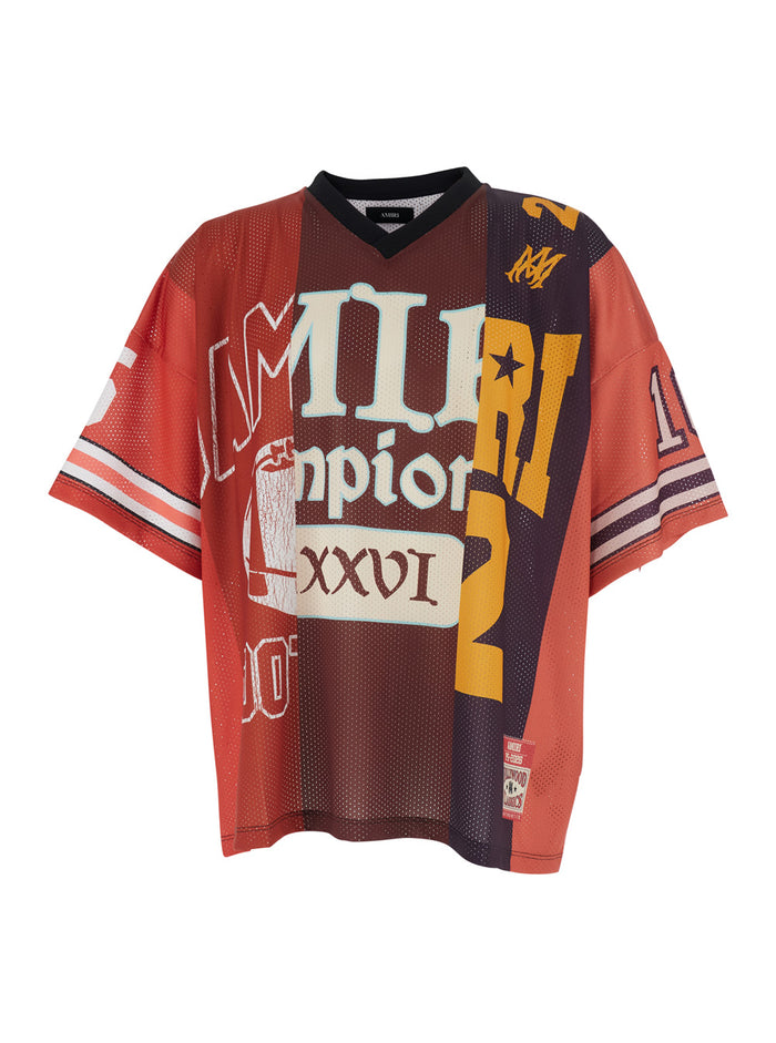 Red T-Shirt With V-Neck And All-Over Graphic Print Tech Fabric For Men Silk Tshirts Polo Shirts