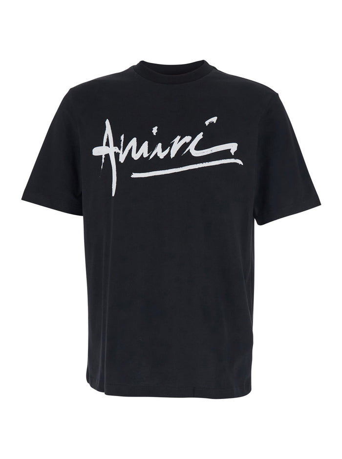 Black T-Shirt With Logo Lettering Print On The Front Cotton For Men Tshirts And Polo Shirts