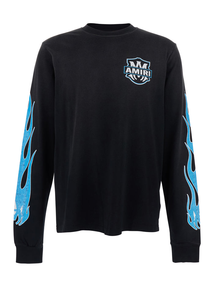 Black T-Shirt With Flames Motif On Sleeves For Men Cotton Tshirts And Polo Shirts