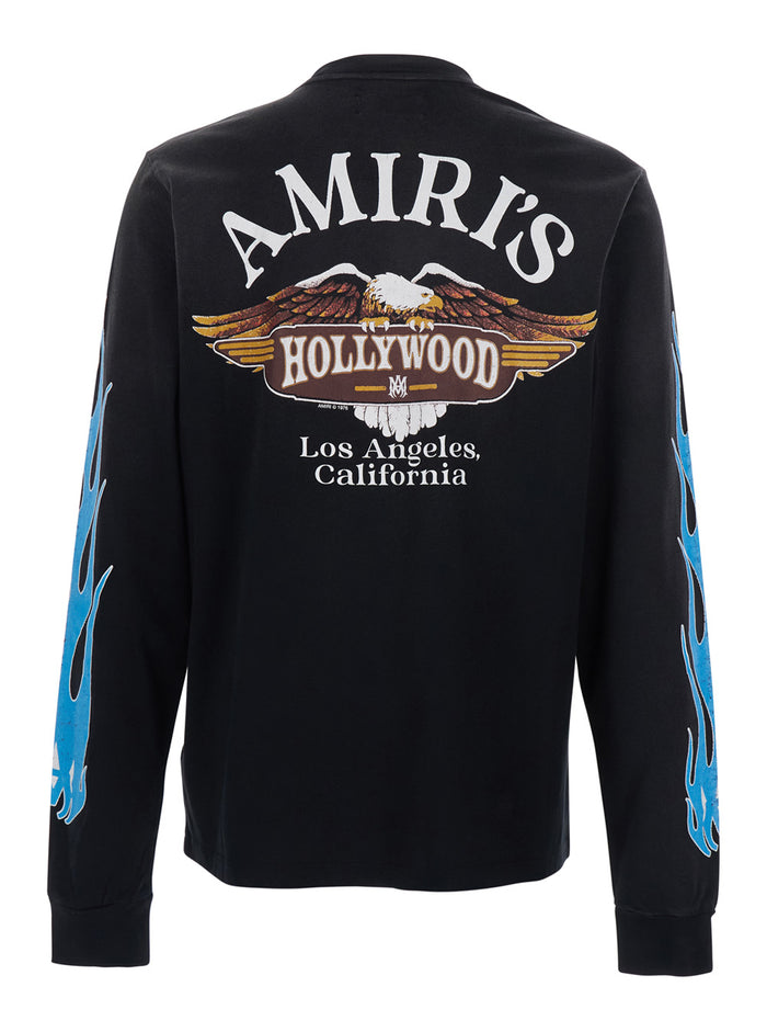 Black T-Shirt With Flames Motif On Sleeves For Men Cotton Tshirts And Polo Shirts