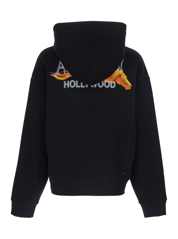 Hooded Sweatshirt with Fixed Hood and Lettering Logo on Front Back in Black Cotton for Men Sweatshirts