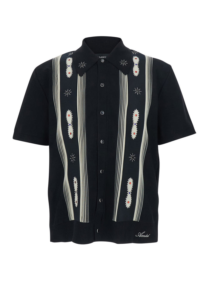 Black Shirt with Pointed Collar and Bead Details on the Front in Cotton Blend Men Blouses