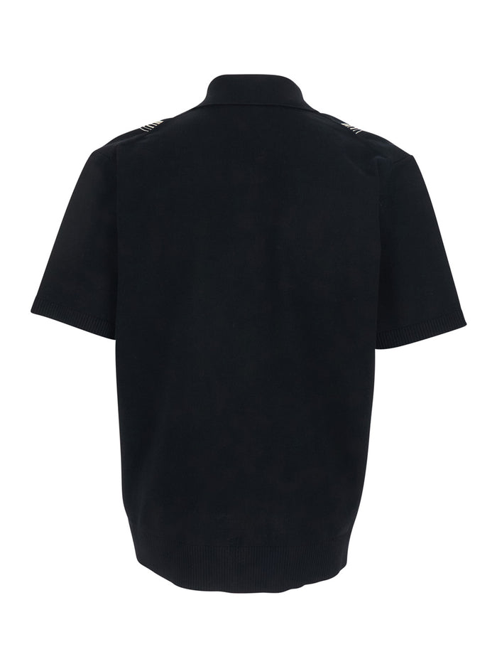 Black Shirt with Pointed Collar and Bead Details on the Front in Cotton Blend Men Blouses