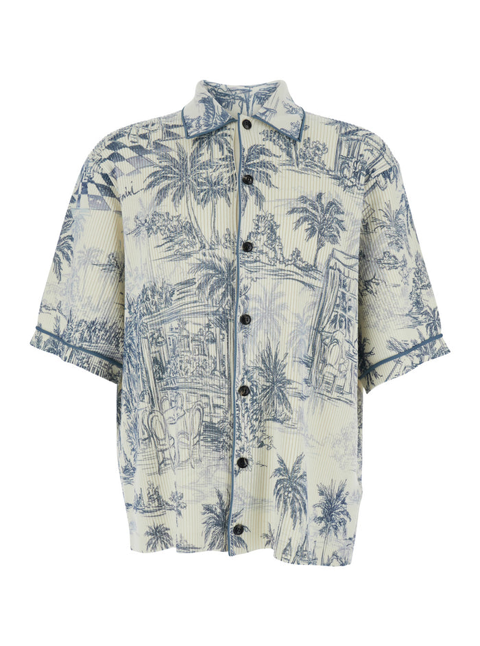 Shirt with classic collar and all-over multicolored wool print for men Multicolor Blouses