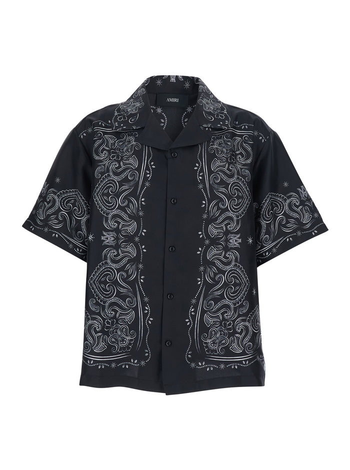 Black Shirt with Cuban Collar and All-Over Bandana Print in Silk Man Blouses