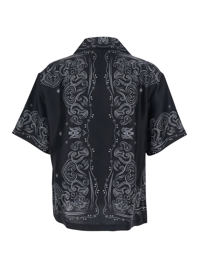 Black Shirt with Cuban Collar and All-Over Bandana Print in Silk Man Blouses