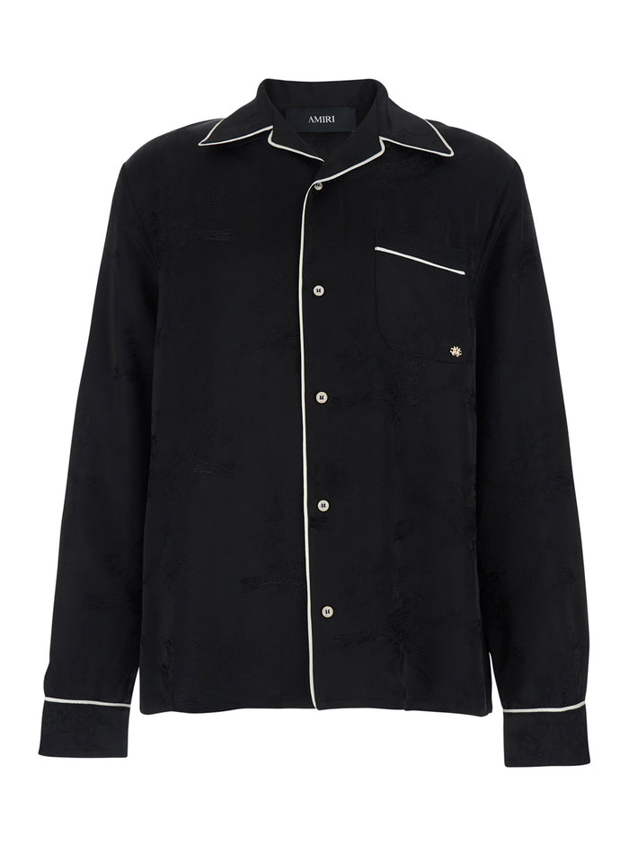 Black Long-Sleeved Shirt with Cuban Collar and Tone-on-Tone Floral Embroidery in Viscose for Men Blouses