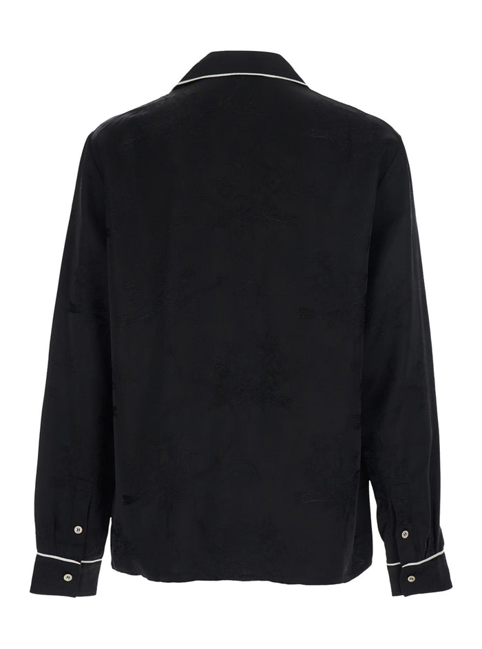 Black Long-Sleeved Shirt with Cuban Collar and Tone-on-Tone Floral Embroidery in Viscose for Men Blouses