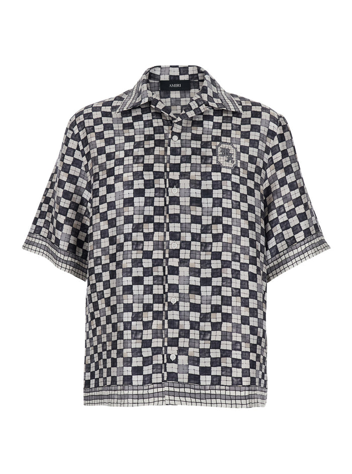 Silk Shirt with All-Over Check Motif and Logo Lettering on the Back Black Men Blouses