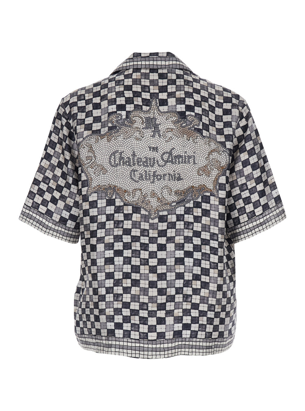 Silk Shirt with All-Over Check Motif and Logo Lettering on the Back Black Men Blouses