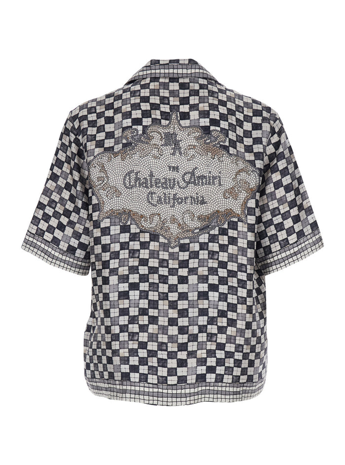 Silk Shirt with All-Over Check Motif and Logo Lettering on the Back Black Men Blouses