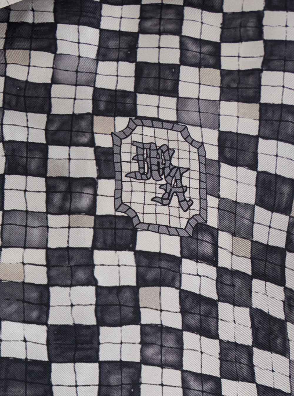 Silk Shirt with All-Over Check Motif and Logo Lettering on the Back Black Men Blouses