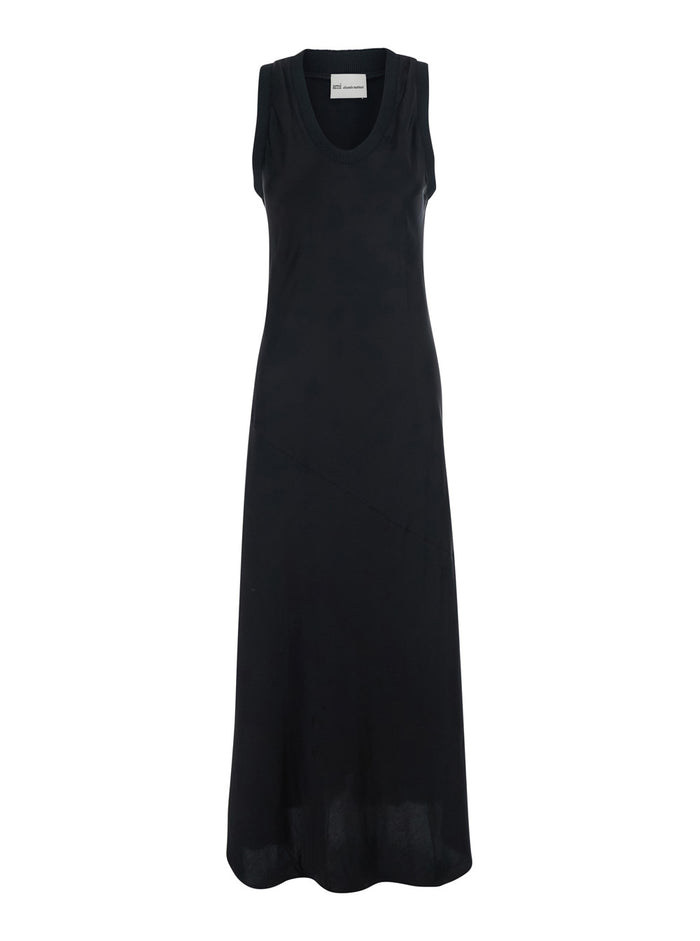 Black Long Dress With Round Neckline And Ribbed Details Viscose Woman