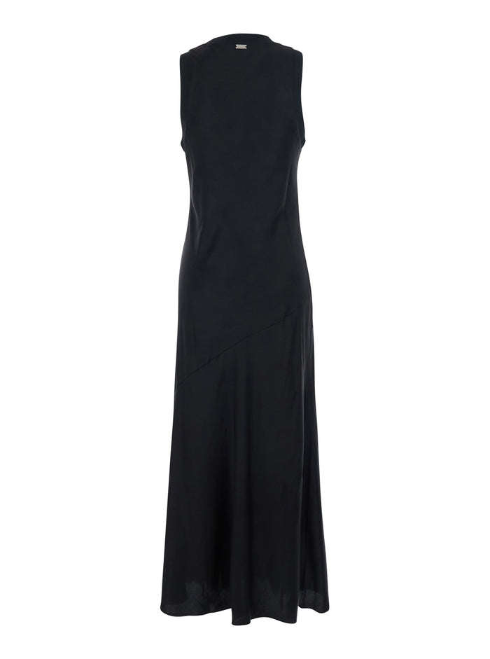 Black Long Dress With Round Neckline And Ribbed Details Viscose Woman
