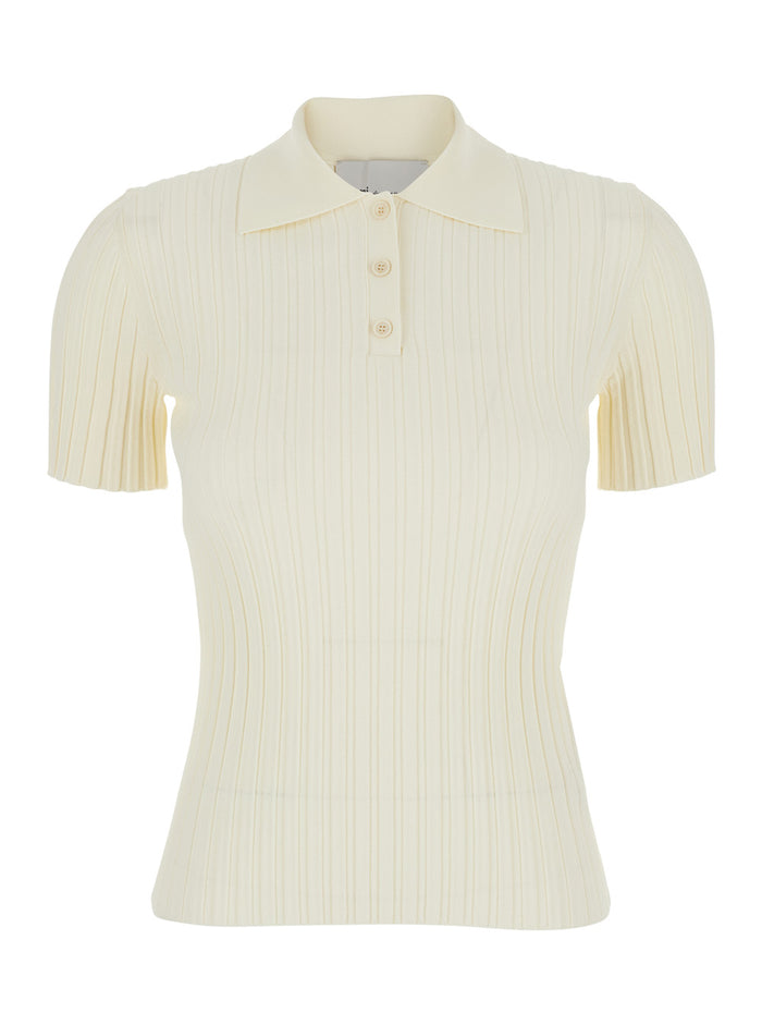White Polo Shirt With Ribbed Knit In Viscose Blend For Women Tshirts And