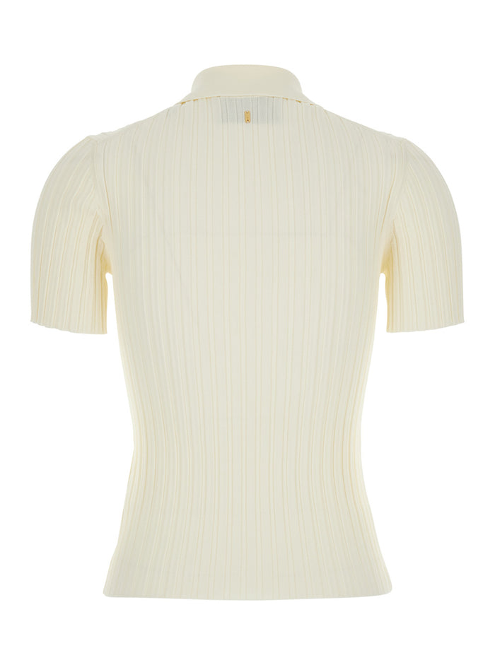 White Polo Shirt With Ribbed Knit In Viscose Blend For Women Tshirts And