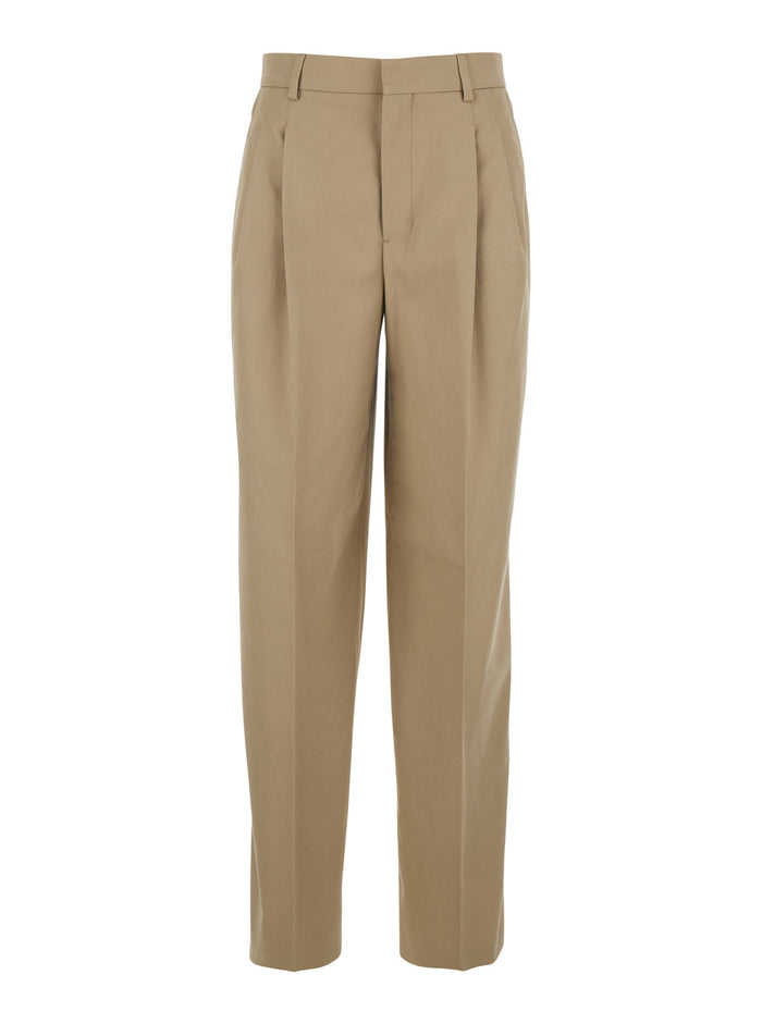 Beige Cotton Pants with Belt Loops and Front Pleats for Women Trousers