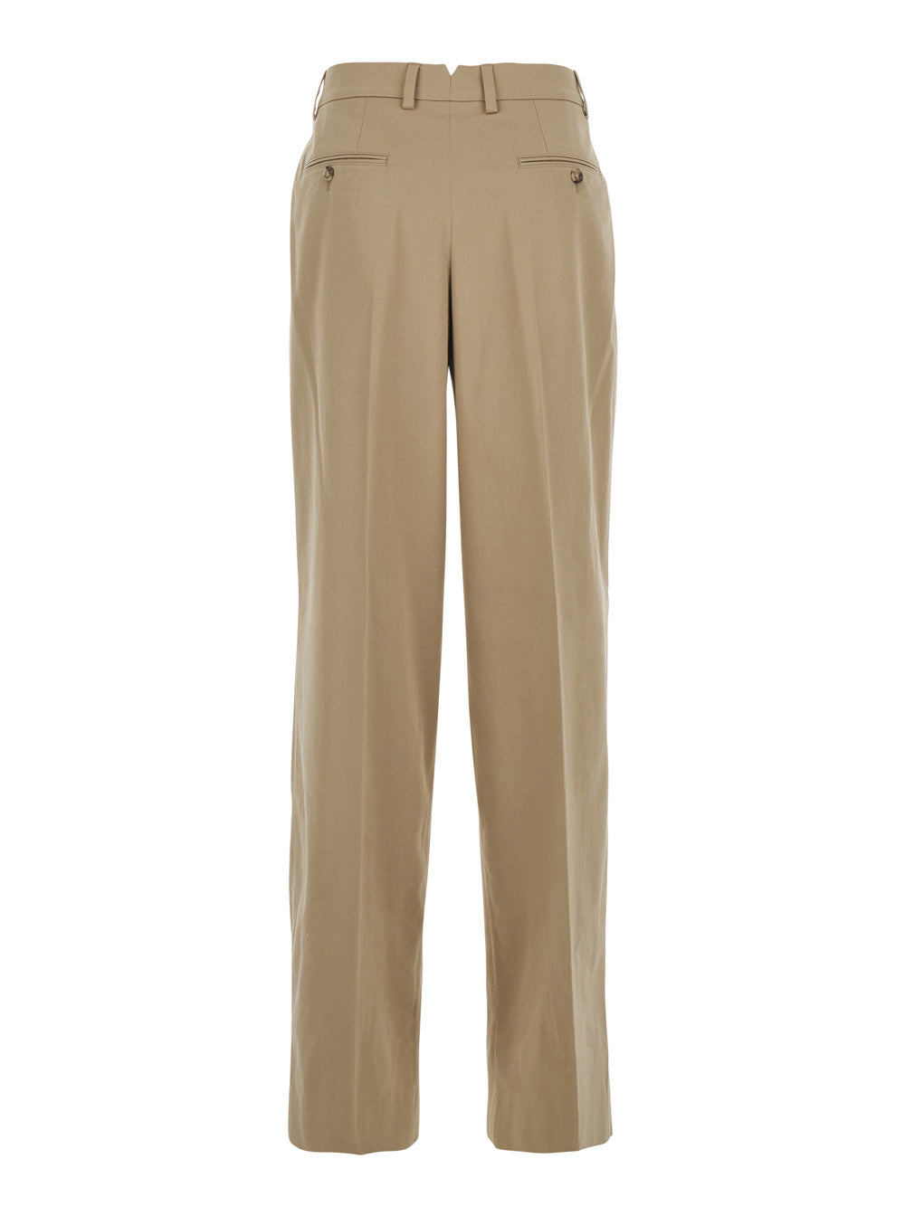 Beige Cotton Pants with Belt Loops and Front Pleats for Women Trousers