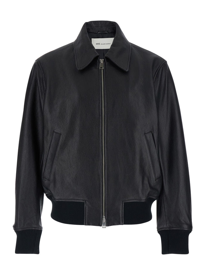 Black Jacket with Front Zip Closure and Long Sleeves in Leather Man Lamb Outerwear