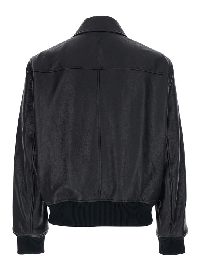 Black Jacket with Front Zip Closure and Long Sleeves in Leather Man Lamb Outerwear