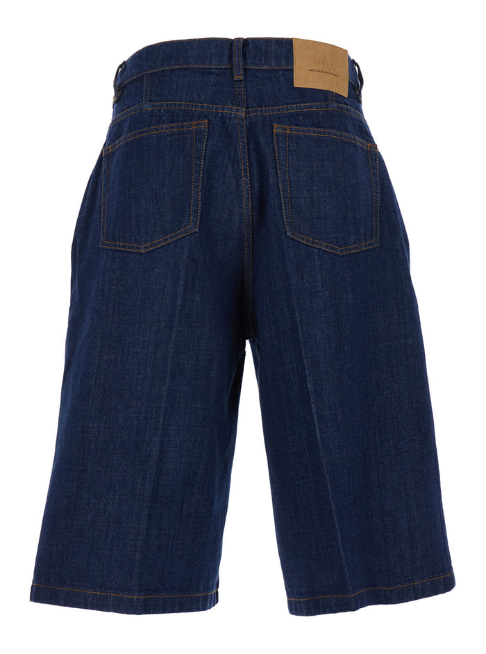 Blue Five-pocket Bermuda with logo patch on the back in denim for men Blu Shorts And