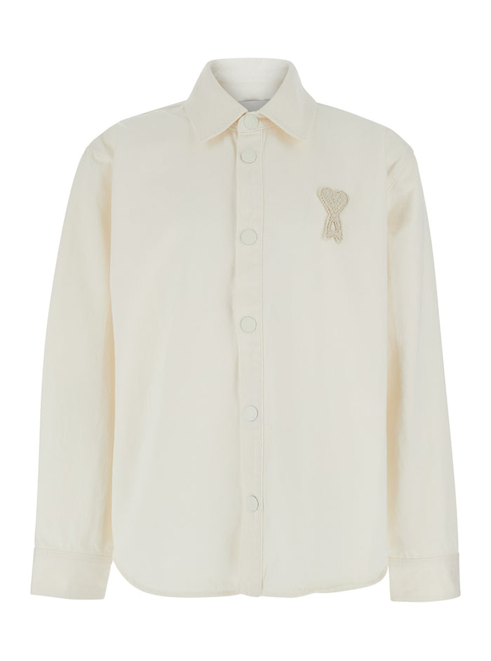 White Long-Sleeved Shirt with classic collar and AMI DE COEUR logo embroidered on the front in Cotton for men Blouses
