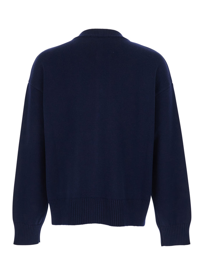 Blue Crew Neck Cardigan with Contrasting ADC Logo in Wool and Cotton Blend for Men Blu Jersey