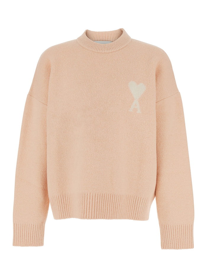 Pink Crew Neck Sweater with Dropped Shoulders and ADC Embroidery on the Front in Wool Blend Man Jersey