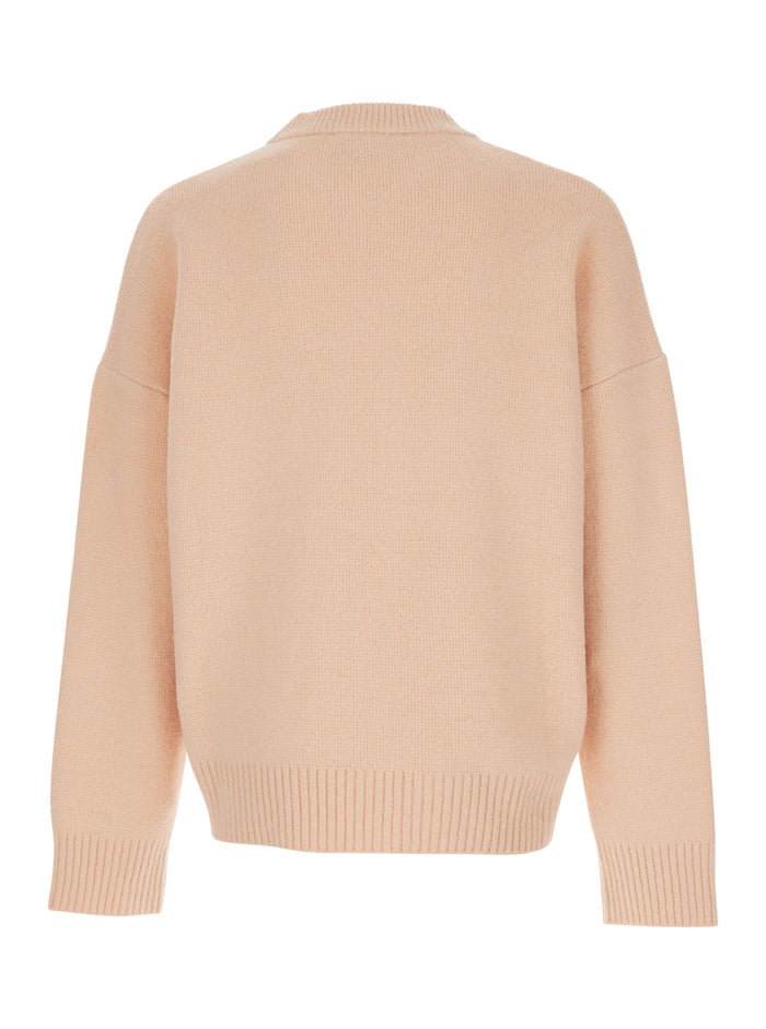 Pink Crew Neck Sweater with Dropped Shoulders and ADC Embroidery on the Front in Wool Blend Man Jersey
