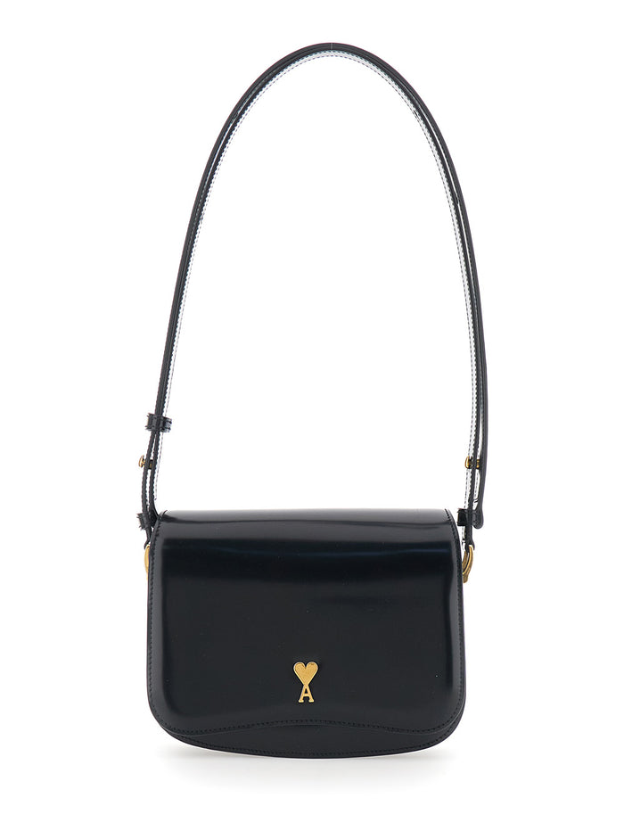 Paris Black Shoulder Bag with Adjustable Strap and ADC Plate on Front in Leather for Women Calf