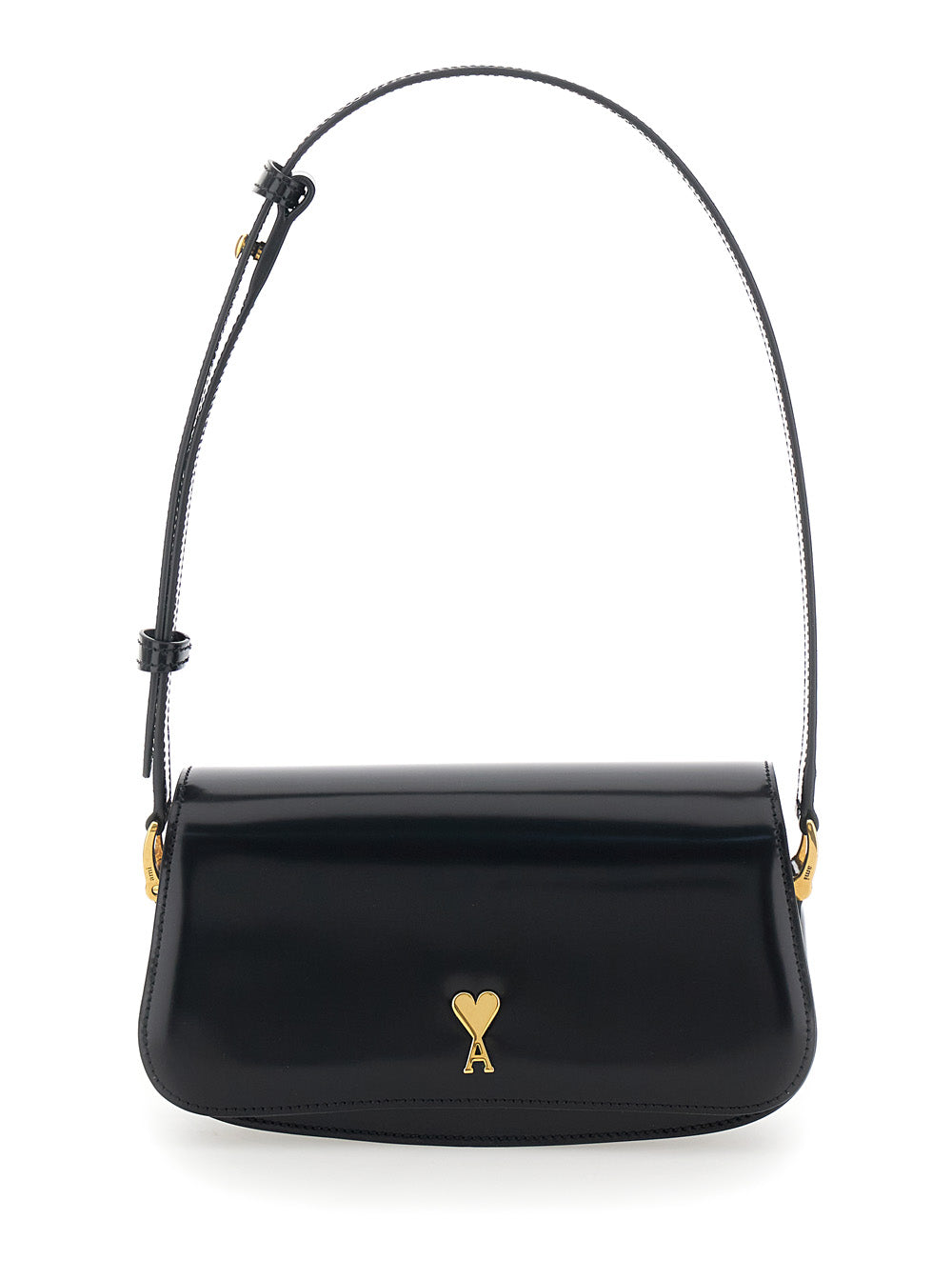 Black Shoulder Bag Paris with Adjustable and Removable Strap ADC Plate on the Front in Leather for Women