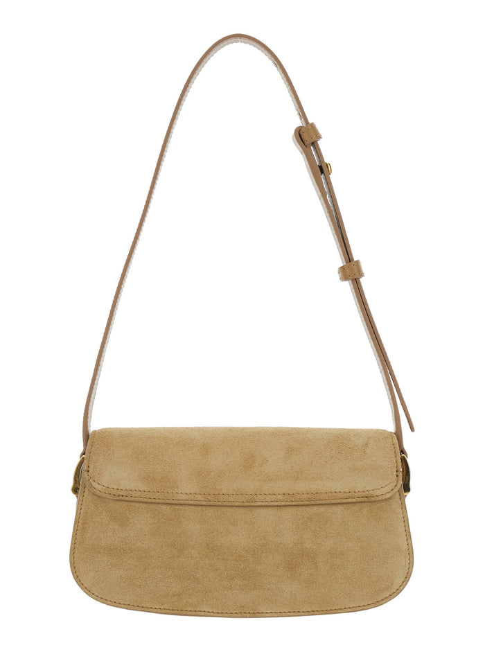 Paris Beige Shoulder Bag with Adjustable and Removable Strap ADC Plaque on Front in Suede Woman Calf