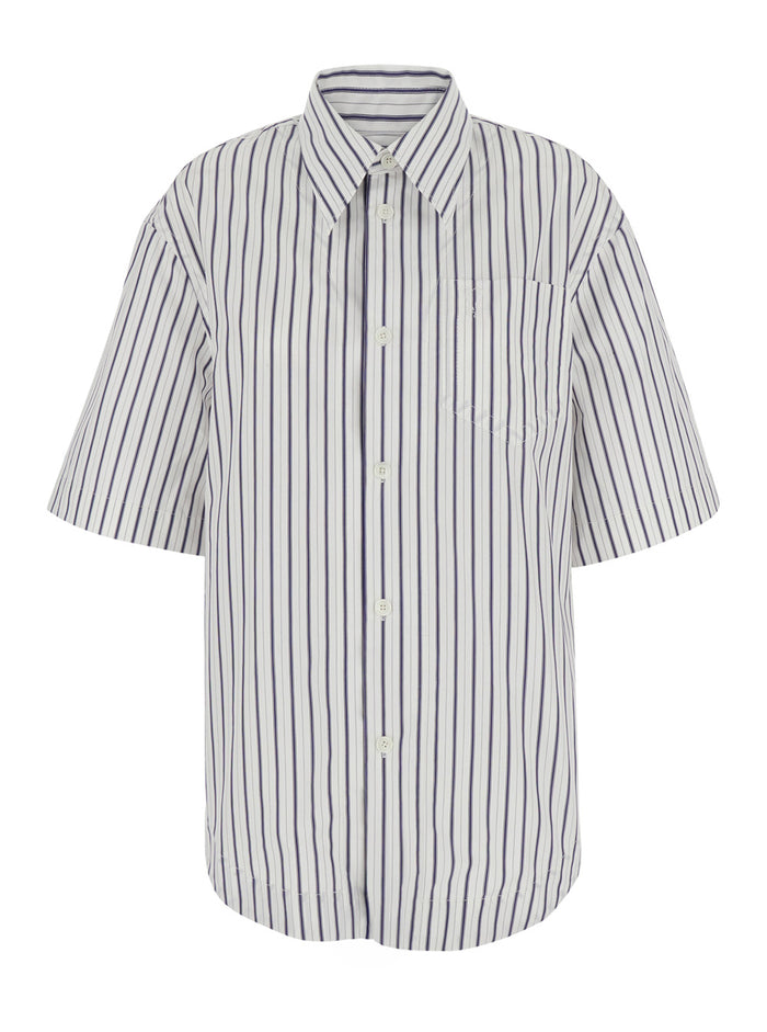 Short Sleeve Wide Shirt With Camp Collar And Patch Pocket - White Short-Sleeve Made Of Cotton Men Blouses
