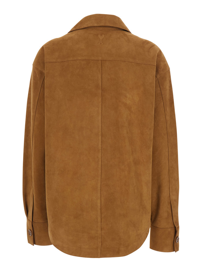 Brown Jacket with Wide Collar and Curved Hem in Suede Woman Outerwear