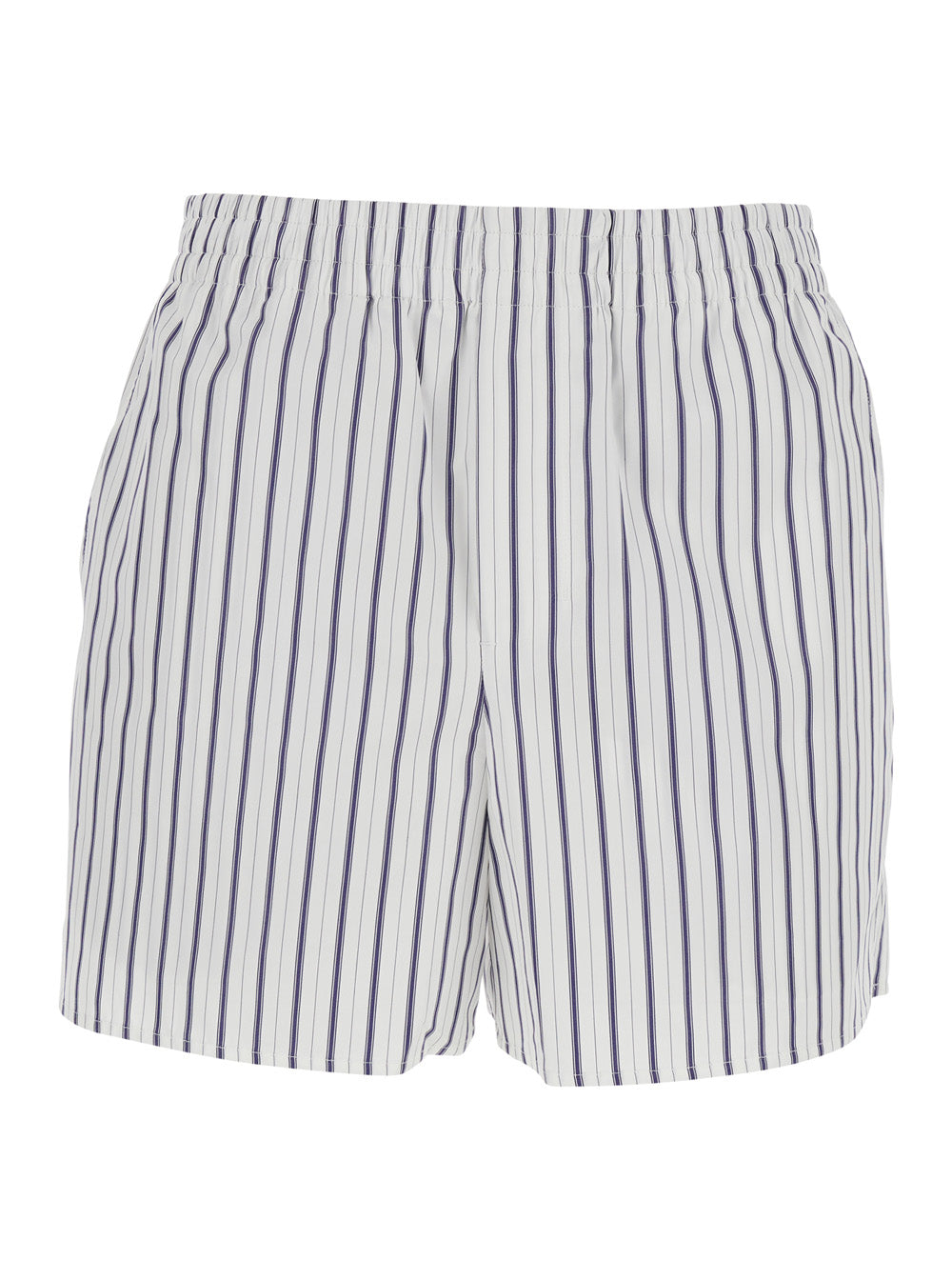 White Shorts with Elastic Waist and All-Over Striped Motif for Women Cotton Bermuda