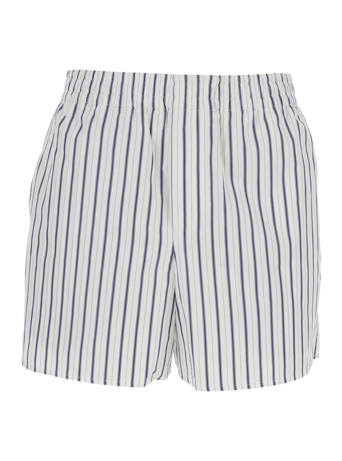 White Shorts with Elastic Waist and All-Over Striped Motif for Women Cotton Bermuda